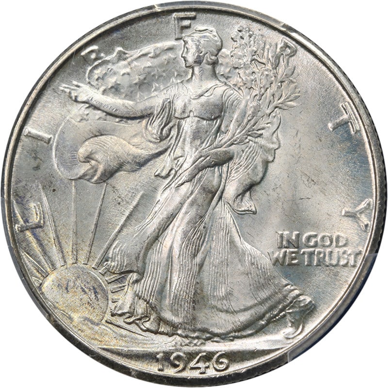 PCGS MS66 1946-D Walking Liberty Half Dollar: PCGS MS66 1946-D Walking Liberty Half Dollar This 1946-D Walking Liberty Half Dollar is graded MS66 by PCGS, indicating an uncirculated coin with excellent luster, strong strike, and superb eye appeal
