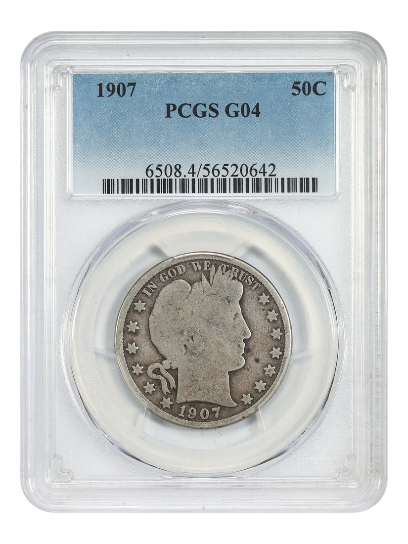 1907 Philadelphia Barber Half Dollar PCGS Good 4 50C: 1907 Philadelphia Barber Half Dollar PCGS Good 4 50C This is a 1907 Barber Half Dollar graded Good 04 by PCGS. The coin is circulated and was minted in Philadelphia. It belongs to the Barber Half Doll