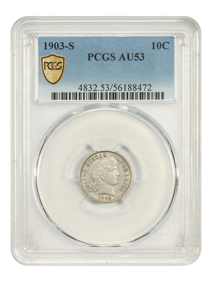 PCGS AU53 1903-S Barber Dime Key Date: PCGS AU53 1903-S Barber Dime Key Date This 1903 Barber Dime is a key date from the San Francisco mint, certified by PCGS with an AU53 grade. The coin is circulated and features satiny, bright surfaces