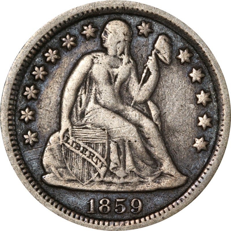 1859 O Silver Seated Liberty 10 Cent Coin: 1859 O Silver Seated Liberty 10 Cent Coin This is an 1859-O Seated Liberty Dime from the United States, composed of 90% silver. The coin is in circulated condition and is uncertified. It features the 