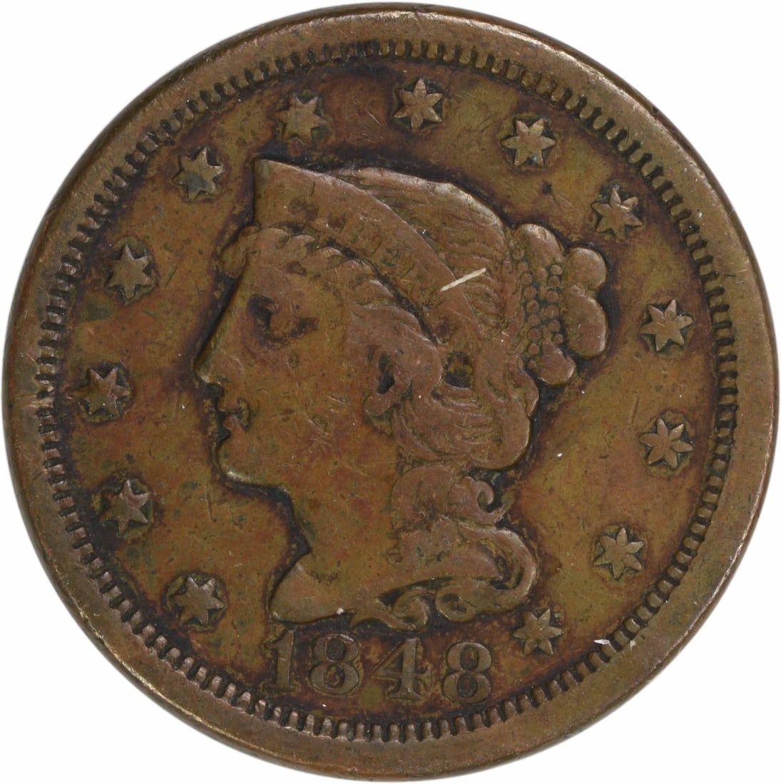 1848 Braided Hair Large Cent VF Uncertified Copper Coin: 1848 Braided Hair Large Cent VF Uncertified Copper Coin This 1848 Large Cent is an excellent example of early American coinage, featuring the iconic Braided Hair design by Christian Gobrecht. It is cl