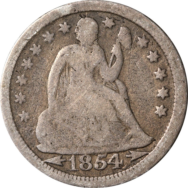 1854-O Silver Seated Liberty 10 Cent Coin: 1854-O Silver Seated Liberty 10 Cent Coin This is an 1854-O Seated Liberty Dime from the United States. The coin is composed of silver with a fineness of 0.9 and was minted in New Orleans. It is a cir