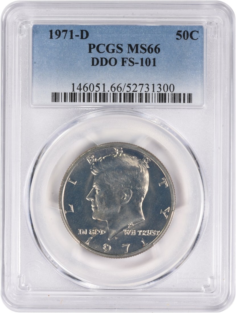 PCGS MS66 Kennedy Half Dollar 1971-D DDO FS-101: PCGS MS66 Kennedy Half Dollar 1971-D DDO FS-101 This is a 1971-D Kennedy Half Dollar featuring the Doubled Die Obverse (DDO) FS-101 variety. Graded MS66 by PCGS, this uncirculated coin was minted in D