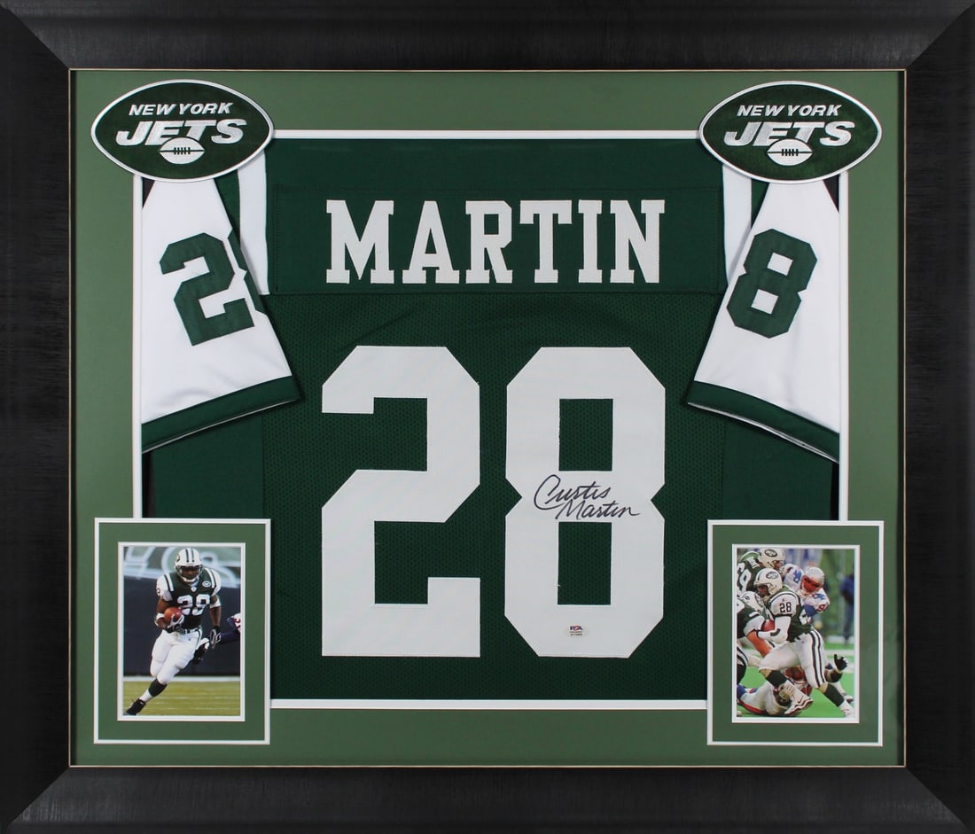 Curtis Martin Autographed Green Pro Style Framed Jersey PSA Certified: Curtis Martin Autographed Green Pro Style Framed Jersey PSA Certified This authentic autographed green pro style framed jersey has been personally signed by Curtis Martin, legendary player of the New 