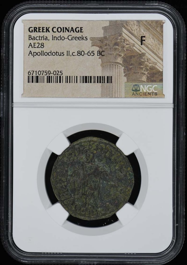 Apollodotus II Bactria AE28 Coin NGC F12 Certification 80-65 BC: Apollodotus II Bactria AE28 Coin NGC F12 Certification 80-65 BC This ancient Greek coin from the Indo-Greeks features Apollodotus II, dating back to c. 80-65 BC. The coin is certified by NGC with a gr