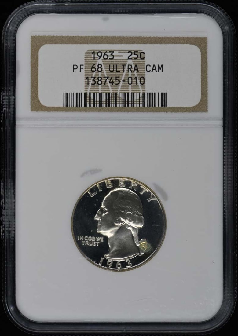 1963 Washington Quarter Silver NGC PR68UC Proof DCAM: 1963 Washington Quarter Silver NGC PR68UC Proof DCAM This 1963 Washington Quarter is a stunning example of American numismatic history. Graded PR68 by NGC, this silver quarter showcases an uncirculate