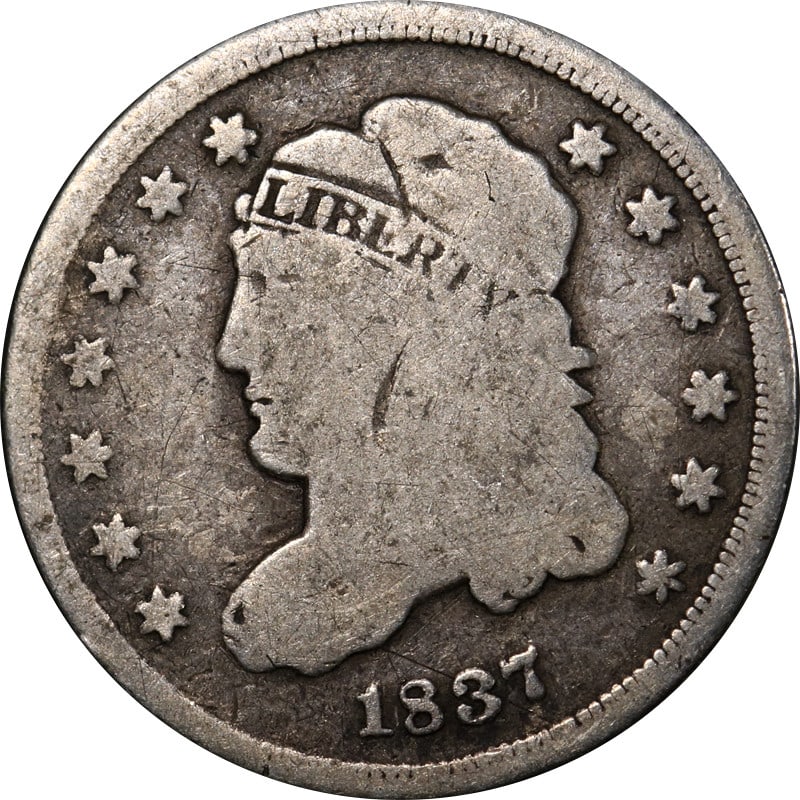 1837 Silver United States Bust Half Dime Circulated Coin: 1837 Silver United States Bust Half Dime Circulated Coin This 1837 Bust Half Dime is a circulated silver coin from the United States. It is uncertified and offered in pre-owned condition, showcasing i