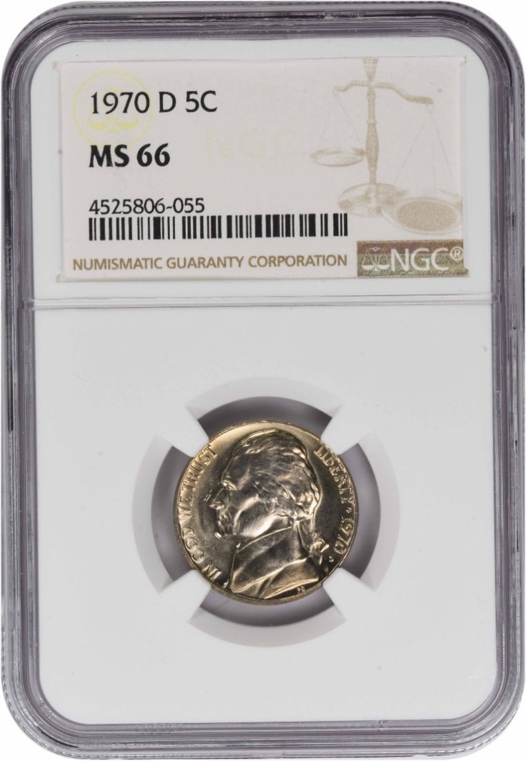 NGC MS66 1970 Denver Jefferson Nickel Five Cent Coin: NGC MS66 1970 Denver Jefferson Nickel Five Cent Coin This is a 1970-D Jefferson Nickel graded MS66 by NGC. The coin is uncirculated and features the design by Felix Schlag. Minted in Denver, it has a 