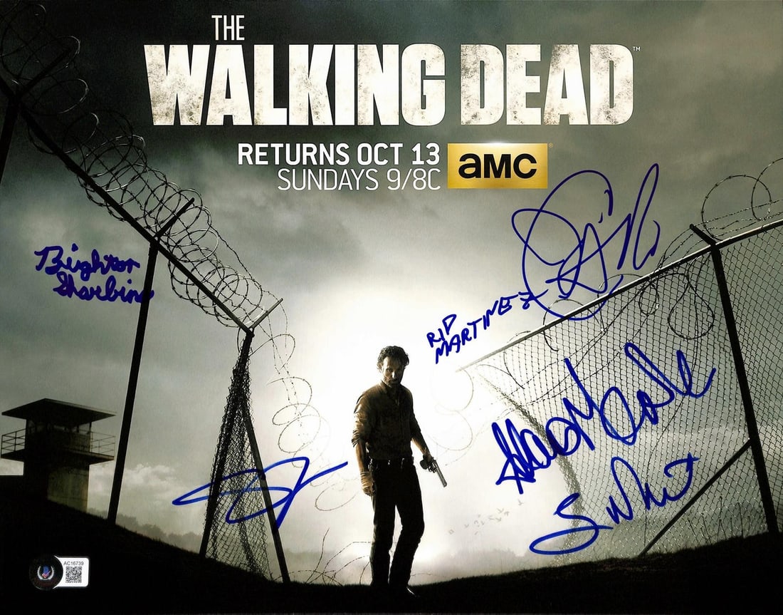 Beckett Authenticated Walking Dead cast photo 11x14 5 signatures: Beckett Authenticated Walking Dead cast photo 11x14 5 signatures This 11x14-inch photograph from AMC's The Walking Dead features the authentic signatures of five cast members and contributors, includi