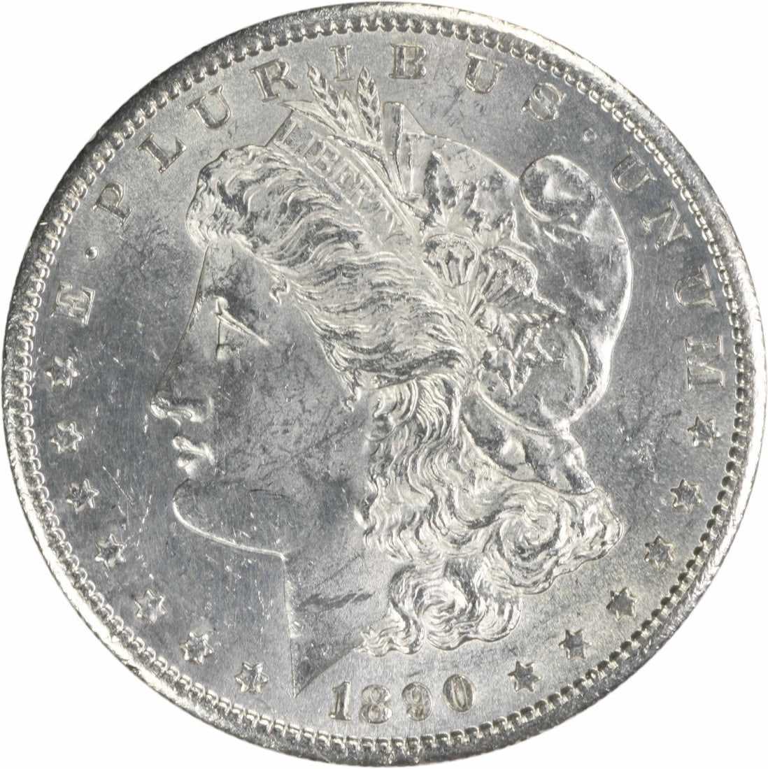 1890-S Morgan Dollar Silver BU Uncertified: 1890-S Morgan Dollar Silver BU Uncertified This is an uncirculated 1890-S Morgan Silver Dollar from the United States. The coin is composed of silver and features the classic Morgan design. It is in B