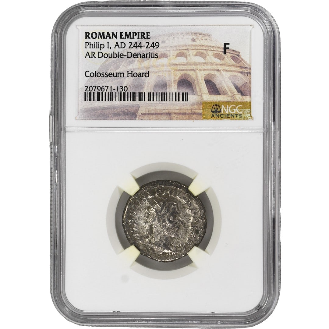NGC F Philip I Roman Empire AR Double Denarius: NGC F Philip I Roman Empire AR Double Denarius This Roman Empire AR Double Denarius features Philip I, who reigned from AD 244 to 249. The coin has been graded Fine (F) by NGC and is certified with th