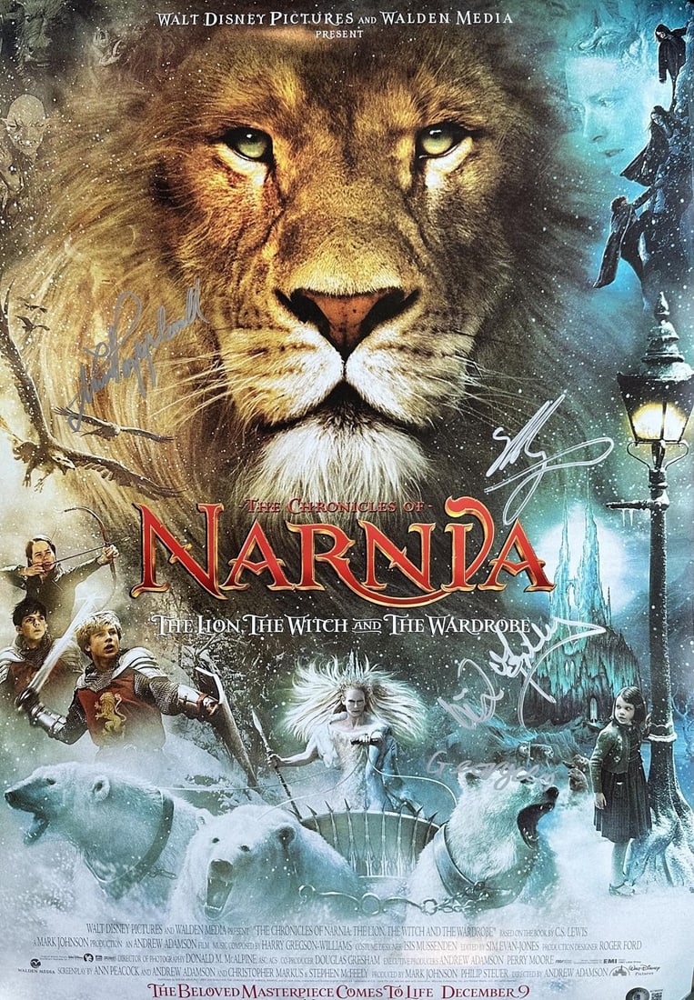 Beckett LOA Narnia cast signed poster 18 1 2 x 27 x4: Beckett LOA Narnia cast signed poster 18 1 2 x 27 x4 This is a cast-signed poster from the film "The Chronicles of Narnia: The Lion, the Witch and the Wardrobe," featuring the signatures of Georgie He