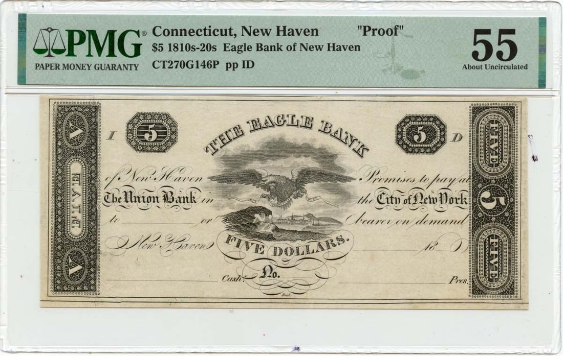 PMG AU55 1810s 20s New Haven Connecticut Eagle Bank $5 Obsolete Note (1 of 2)