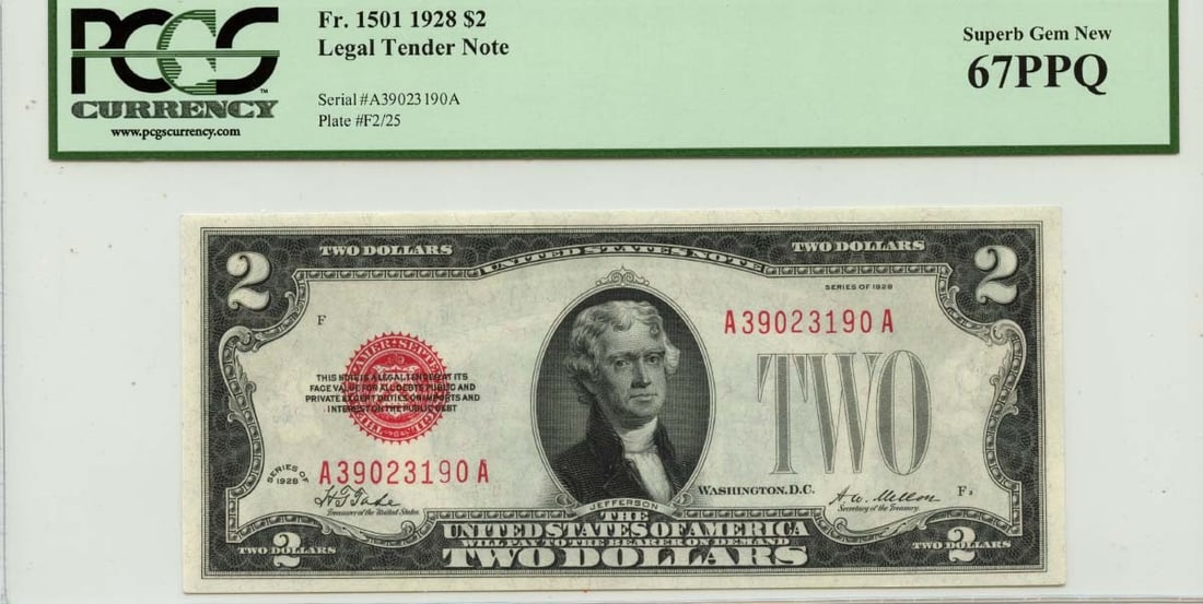 1928 $2 Legal Tender Note FR#1501 PCGS Gem 67 PPQ: 1928 $2 Legal Tender Note FR#1501 PCGS Gem 67 PPQ This 1928 $2 Legal Tender Note (FR#1501) is certified by PCGS Currency, boasting a remarkable grade of Gem 67 PPQ (Premium Paper Quality). It is an un