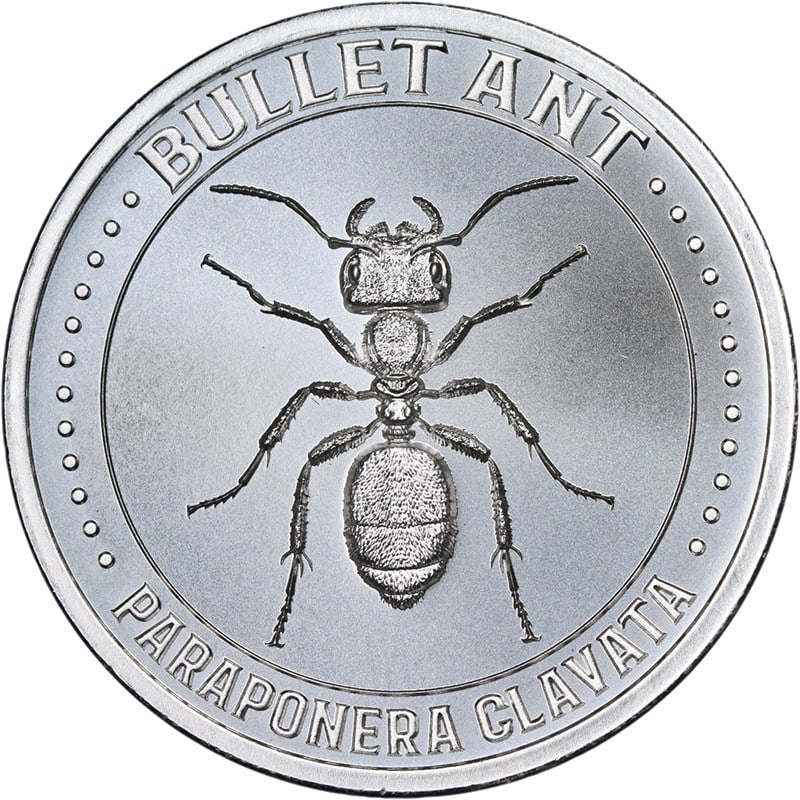 1 oz Silver Bullet Ant Design by Intaglio Mint Uncirculated: 1 oz Silver Bullet Ant Design by Intaglio Mint Uncirculated This Intaglio Mint 1 Ounce Silver Bullet Ant is crafted from 0.999 fine silver and features a superb luster with a strong strike. Produced i