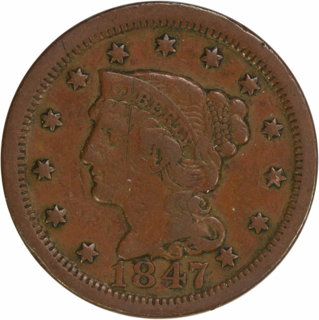 1847 Braided Hair Large Cent Copper VF Uncertified: 1847 Braided Hair Large Cent Copper VF Uncertified This 1847 Large Cent features the iconic Braided Hair design, created by renowned designer Christian Gobrecht. Struck at the Philadelphia mint, this 
