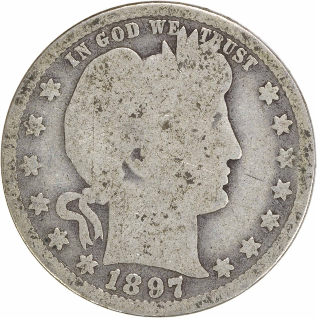 1897-O Barber Quarter 25C G Uncertified 90% Silver Coin: 1897-O Barber Quarter 25C G Uncertified 90% Silver Coin This 1897-O Barber Silver Quarter is a remarkable piece from the United States, struck at the New Orleans mint. The coin features a denomination