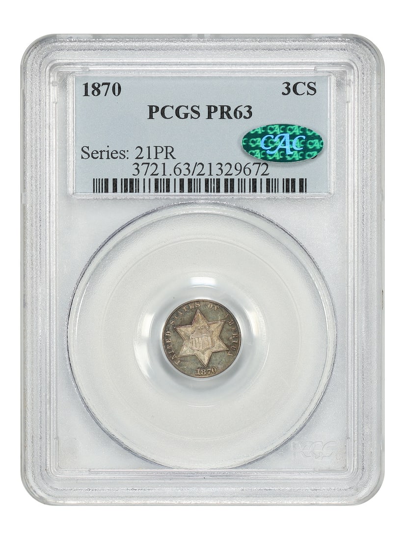 PCGS CAC 1870 Proof Three Cent Silver 3CS: PCGS CAC 1870 Proof Three Cent Silver 3CS This 1870 Three Cent Silver coin is a low mintage proof issue, with only 1,000 coins struck. Certified by PCGS and featuring CAC approval, it displays attract