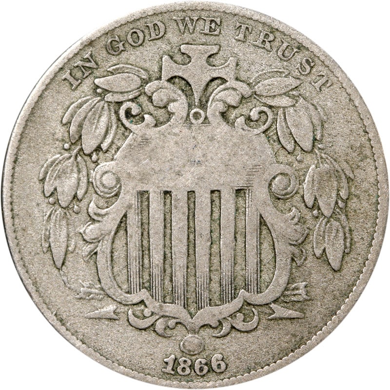 1866 United States Shield Nickel Circulated Vintage Coin: 1866 United States Shield Nickel Circulated Vintage Coin This is a choice example of an 1866 Shield Nickel from the United States. The coin is circulated and composed of nickel, offering collectors a 