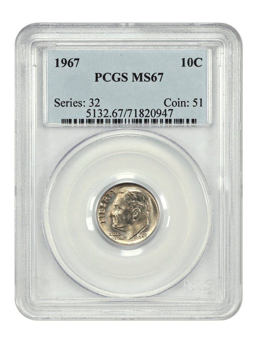 1967 Roosevelt Dime 10C Uncirculated PCGS MS67 Philadelphia: 1967 Roosevelt Dime 10C Uncirculated PCGS MS67 Philadelphia This 1967 Roosevelt Dime is graded MS67 by PCGS, indicating an uncirculated coin in exceptional condition. Minted in Philadelphia, it belong