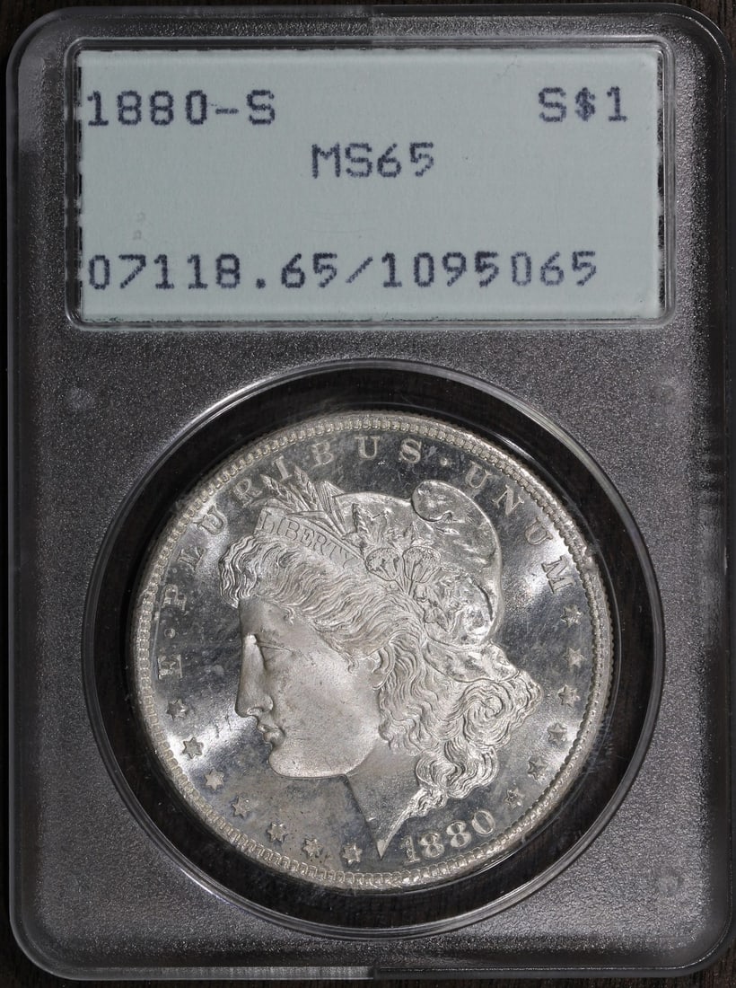PCGS MS65 1880-S Morgan Dollar Silver Coin San Francisco Rattler Holder: PCGS MS65 1880-S Morgan Dollar Silver Coin San Francisco Rattler Holder This is an 1880-S Morgan Silver Dollar graded MS65 by PCGS, featuring a high level of preservation. Minted in San Francisco, thi