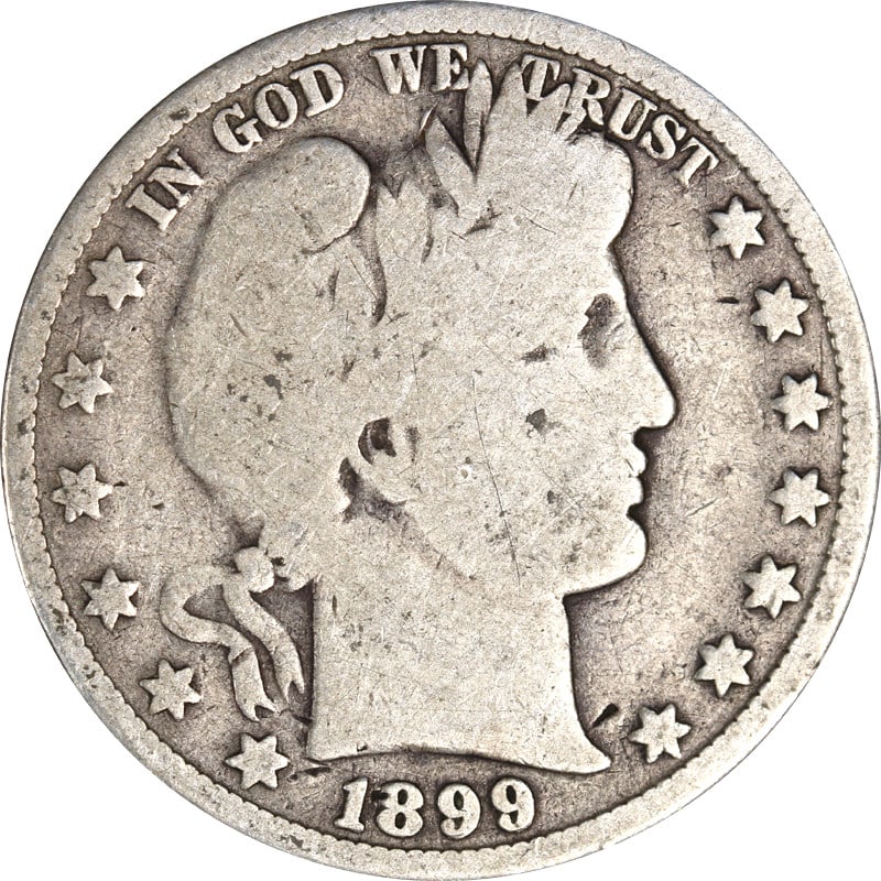 1899 Philadelphia Mint Silver Barber Half Dollar Coin: 1899 Philadelphia Mint Silver Barber Half Dollar Coin This is a circulated 1899-P Barber Half Dollar coin from the United States. Composed of silver with a fineness of 0.9, this pre-owned coin was min