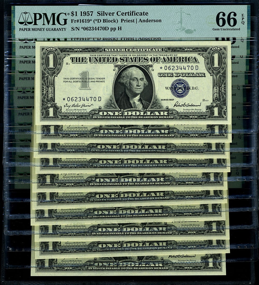 1957 $1 Silver Certificate FR 1619* PMG CU66 EPQ Gem 10pc D Block Set: 1957 $1 Silver Certificate FR 1619* PMG CU66 EPQ Gem 10pc D Block Set This is a stunning lot of ten consecutive 1957 $1 Silver Certificates from the -D Block, graded Gem CU66 EPQ by PMG. These notes a