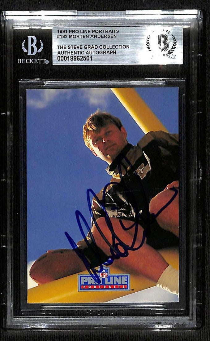 Beckett Authenticated Morten Andersen 1991 Pro Line Portraits #182 Signed Card: Beckett Authenticated Morten Andersen 1991 Pro Line Portraits #182 Signed Card This 1991 Pro Line Portraits #182 football card features a hand-signed autograph by legendary kicker Morten Andersen. The