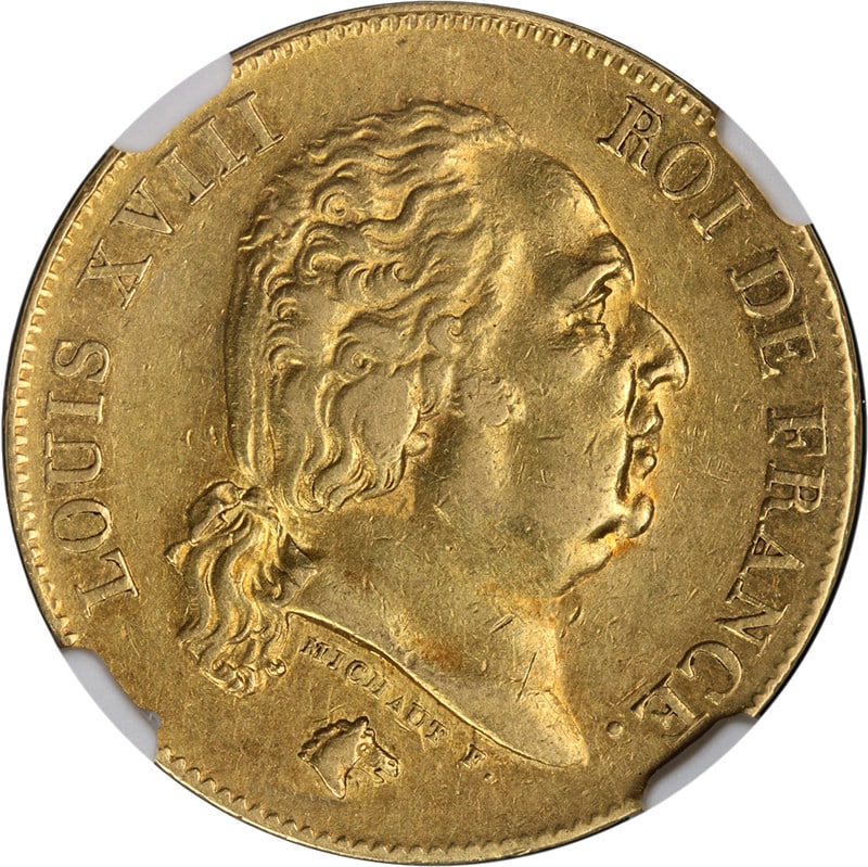 1818 W France Gold 40 Franc Coin Certified NGC AU53: 1818 W France Gold 40 Franc Coin Certified NGC AU53 This 1818 W France Gold 40 Franc coin is a remarkable piece, certified by NGC with a grade of AU53. It features stunning eye appeal, complemented by
