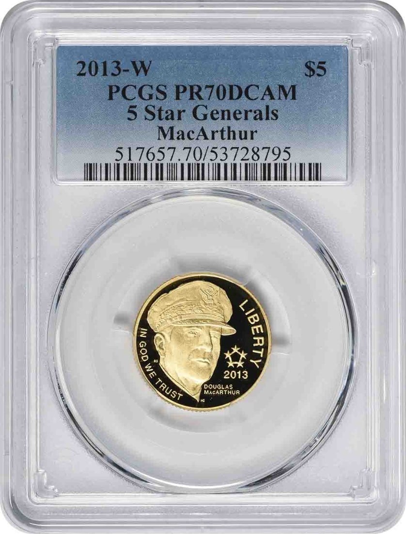 2013 W Proof PCGS PR70DCAM Five Dollar Gold Commemorative: 2013 W Proof PCGS PR70DCAM Five Dollar Gold Commemorative This is a 2013-W 5-Star Generals Commemorative $5 gold coin graded PR70 Deep Cameo by PCGS. Struck in proof quality at the West Point Mint, th