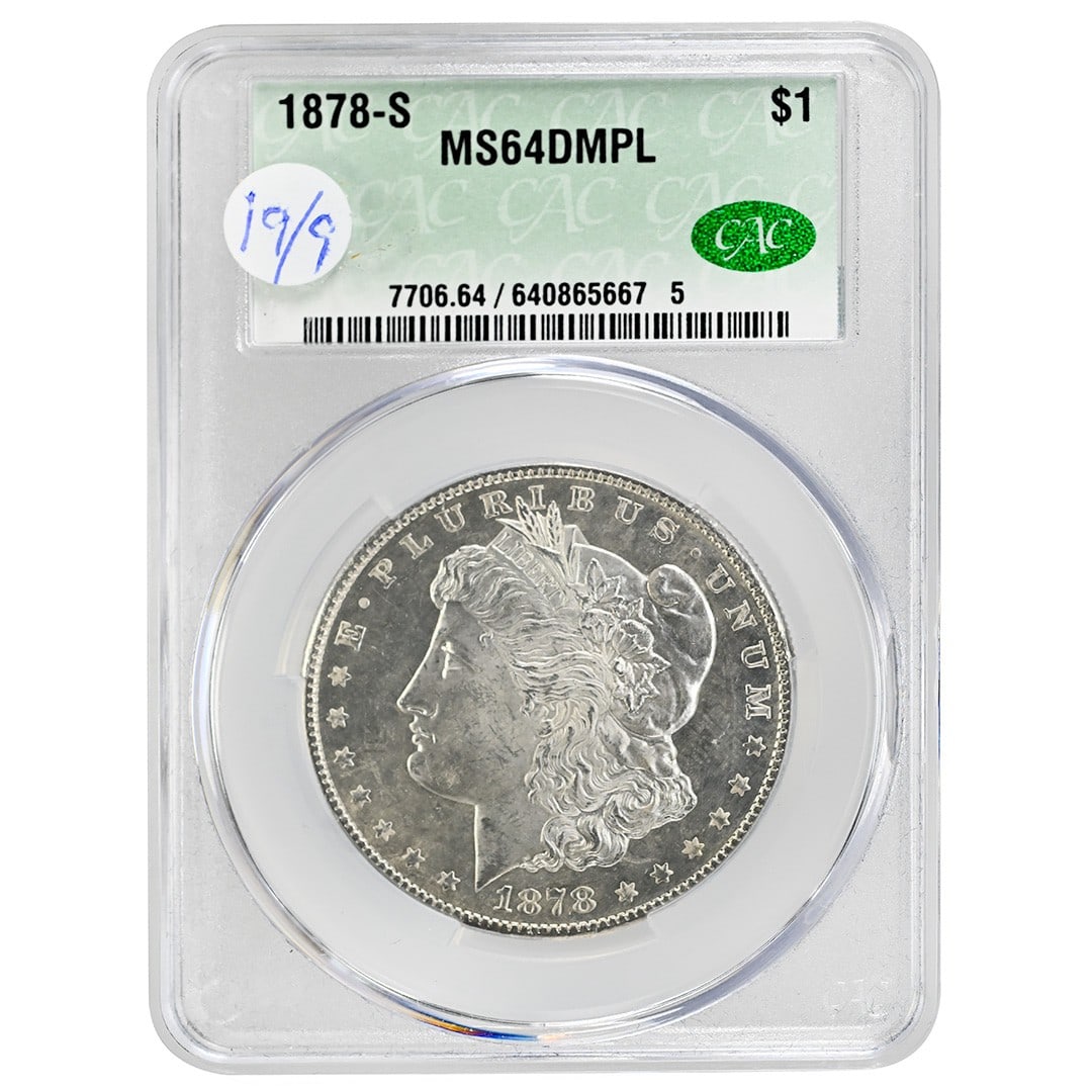 1878 San Francisco Morgan Silver Dollar CACG MS64DMPL: 1878 San Francisco Morgan Silver Dollar CACG MS64DMPL This 1878-S Morgan Dollar is an uncirculated coin from the United States, minted in San Francisco. It features a deep mirror proof-like (DMPL) str