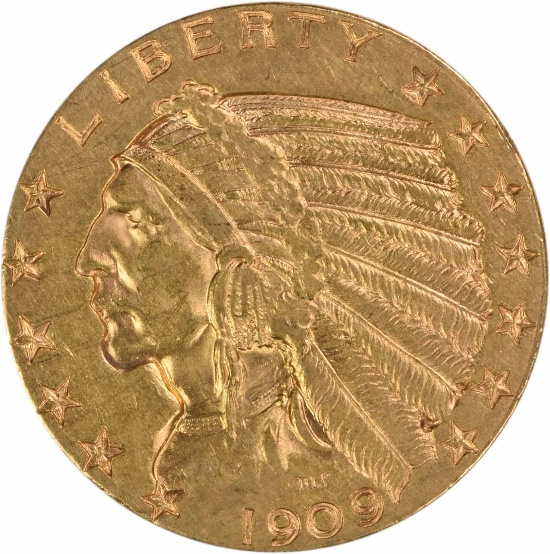 1909 Denver Mint Five Dollar Indian Head Gold Coin AU Uncertified: 1909 Denver Mint Five Dollar Indian Head Gold Coin AU Uncertified This 1909-D $5 Gold Indian coin features a design by Bela Lyon Pratt and was minted in Denver. It is composed of 90% gold and 10% copp