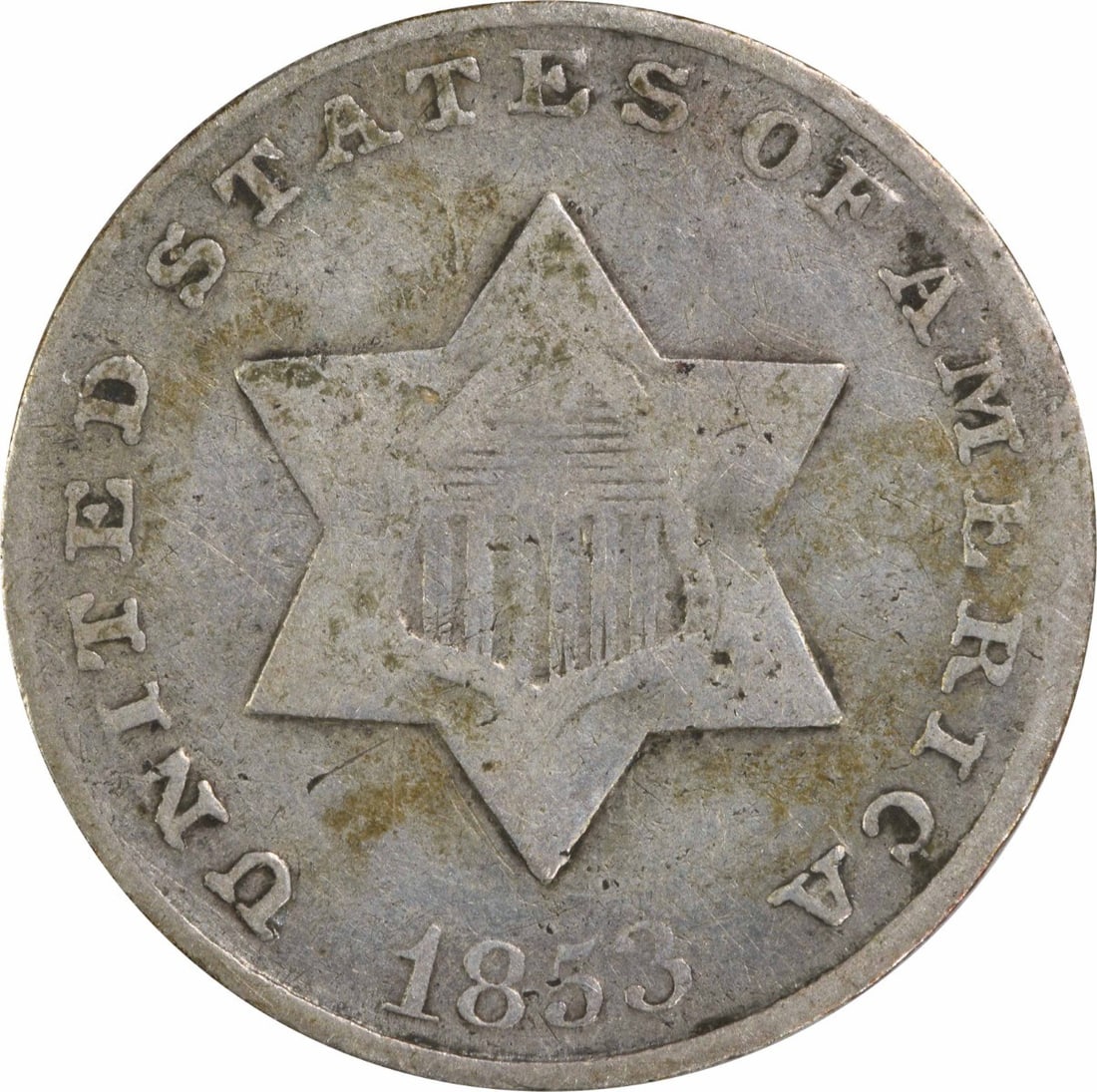 1853 Three Cent Silver Coin F Grade Uncertified USA: 1853 Three Cent Silver Coin F Grade Uncertified USA This 1853 Three Cent Silver coin is a remarkable piece of American numismatic history. Struck at the Philadelphia Mint, this coin features a composi