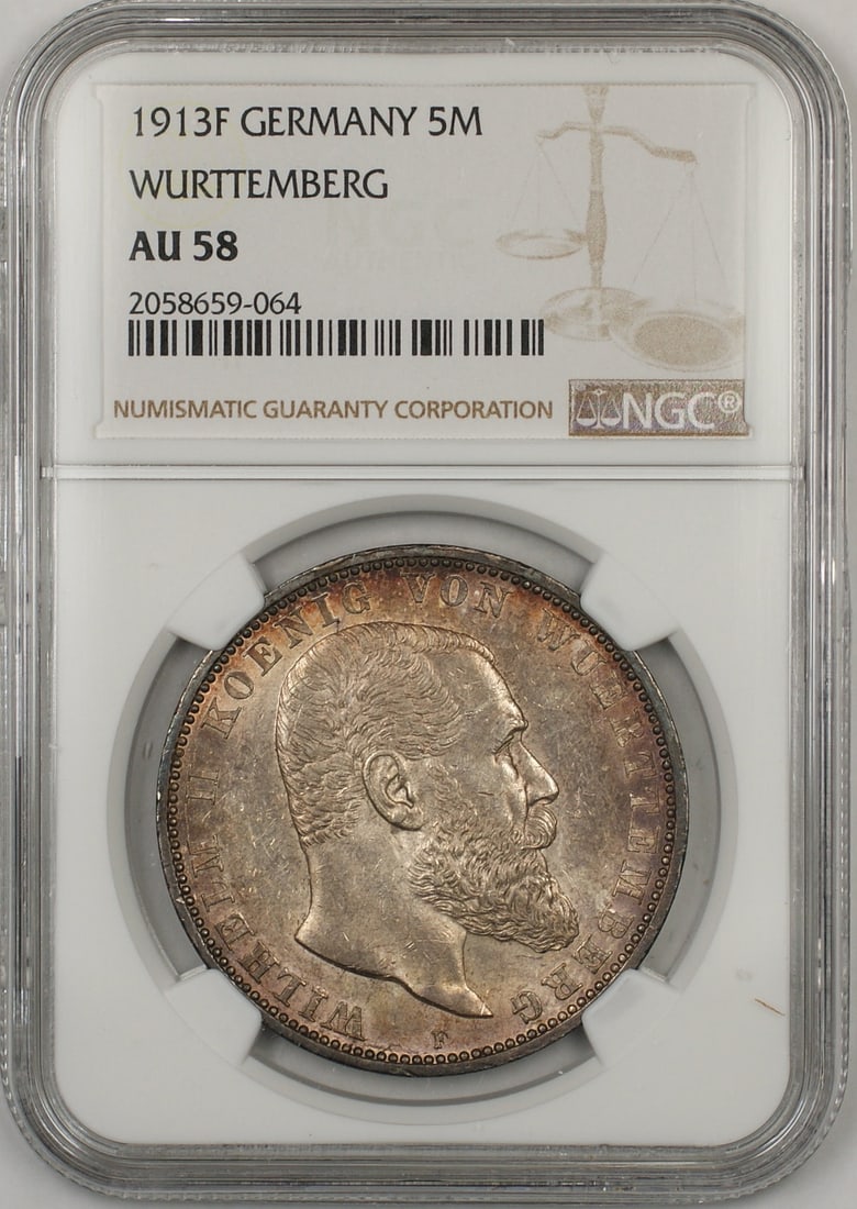 Wurttemberg 5 Mark Silver Coin 1913F NGC AU-58 Toned (1 of 2)