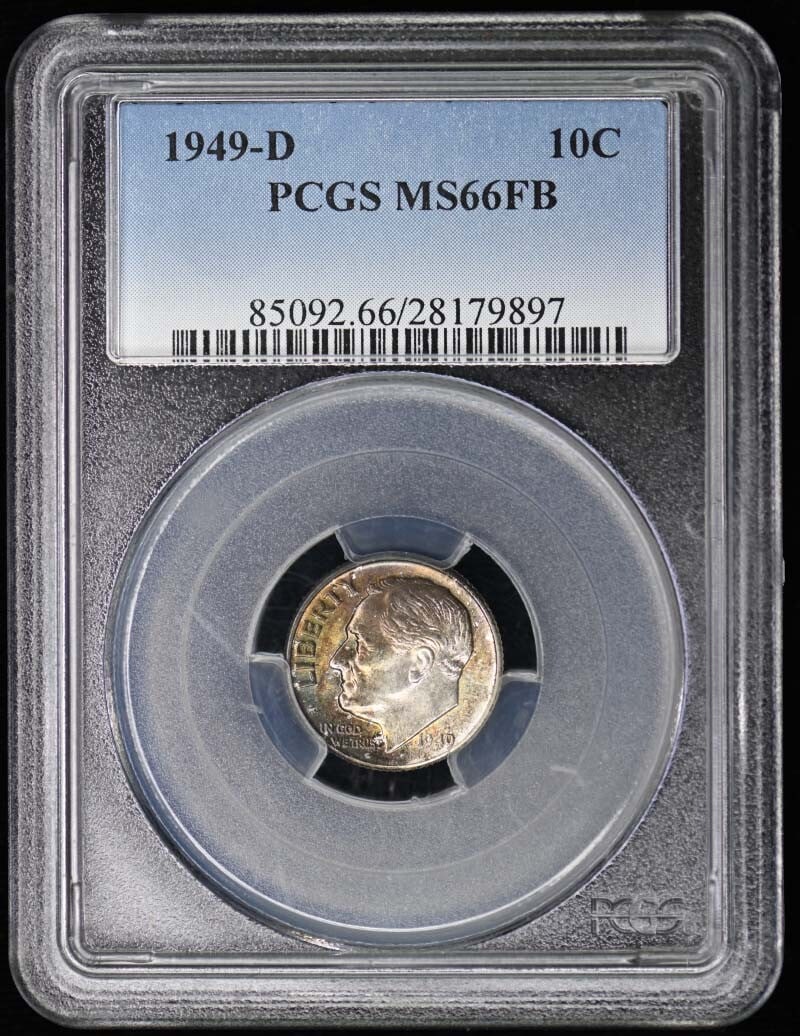 1949-D Roosevelt Dime PCGS MS66FB Uncirculated Denver Mint: 1949-D Roosevelt Dime PCGS MS66FB Uncirculated Denver Mint This 1949-D Roosevelt Dime is certified by PCGS with a grade of MS66FB, indicating its uncirculated condition. Minted in Denver, this coin fe