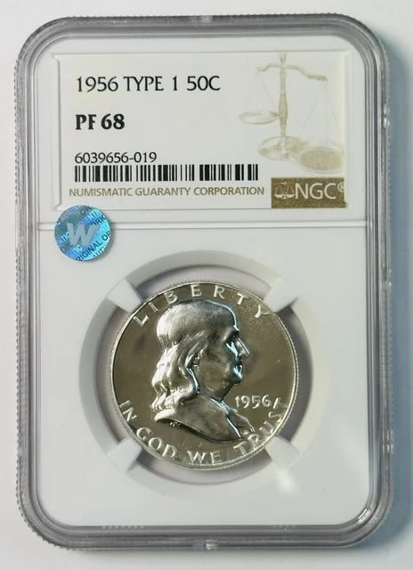 Proof 1956 Franklin half dollar NGC PF 68 silver: Proof 1956 Franklin half dollar NGC PF 68 silver This is a 1956 Franklin Half Dollar graded PF-68 by NGC. The coin is composed of silver, features a proof strike, and is in pre-owned condition. It ori