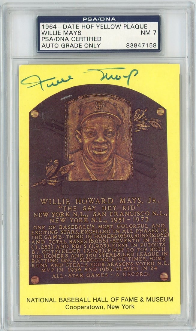 PSA 7 Willie Mays Hall of Fame postcard autograph: PSA 7 Willie Mays Hall of Fame postcard autograph This is a 1964 Baseball Hall of Fame plaque postcard featuring Willie Mays, signed by Willie Mays himself. The postcard is multicolor and made of pape