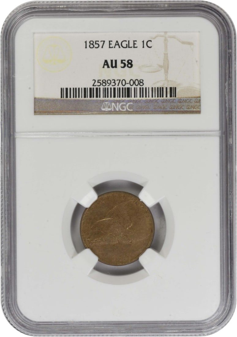 NGC AU58 1857 Flying Eagle Small Cent United States Copper Coin: NGC AU58 1857 Flying Eagle Small Cent United States Copper Coin This 1857 Flying Eagle Cent is certified by NGC with a grade of AU58. Struck in copper, this small cent features the iconic Flying Eagle