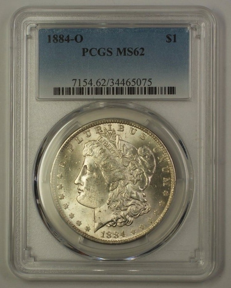 1884-O Morgan Dollar Silver $1 Coin PCGS MS62 New Orleans Mint: 1884-O Morgan Dollar Silver $1 Coin PCGS MS62 New Orleans Mint This 1884-O US Morgan Silver Dollar features a $1 denomination and was minted in New Orleans. Certified by PCGS with a grade of MS 62, th