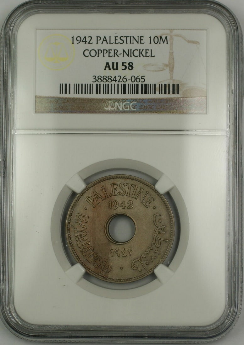 1942 Copper-Nickel 10 Mils Palestine Coin NGC AU 58 Certified: 1942 Copper-Nickel 10 Mils Palestine Coin NGC AU 58 Certified This is a 1942 Palestine 10 Mils coin made of copper-nickel. The coin has been certified by NGC with a grade of AU 58 and is classified as