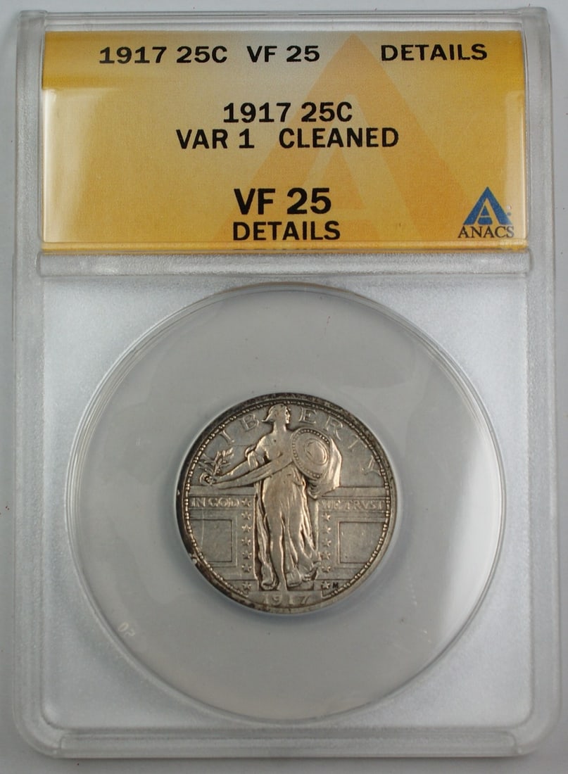 ANACS VF-25 Graded 1917 Standing Liberty Quarter VAR-1 Silver Cleaned: ANACS VF-25 Graded 1917 Standing Liberty Quarter VAR-1 Silver Cleaned This is a 1917 Standing Liberty Silver Quarter from the United States, minted in Philadelphia. Certified by ANACS with a grade of 