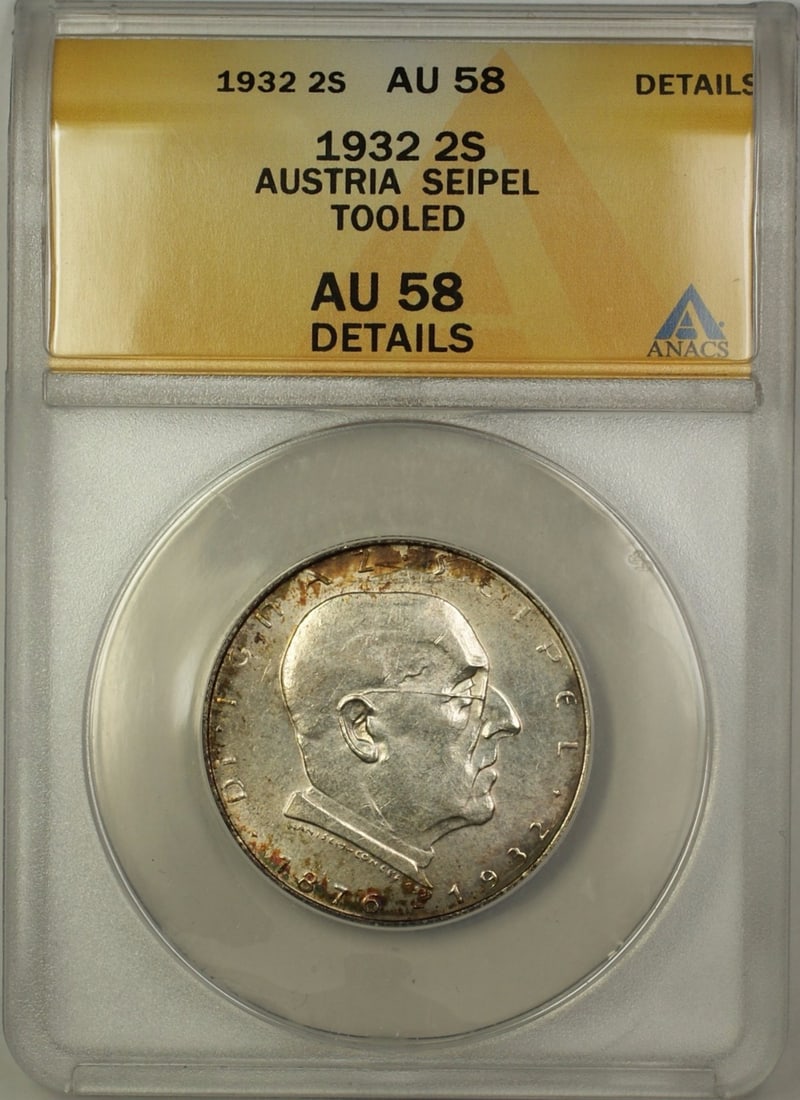 1932 Two Schilling Silver Austria Coin ANACS AU-58 Tooled: 1932 Two Schilling Silver Austria Coin ANACS AU-58 Tooled This is a 1932 Austria Seipel 2 Schilling silver coin, certified by ANACS with a grade of AU-58 Details and noted as tooled. The coin is uncir