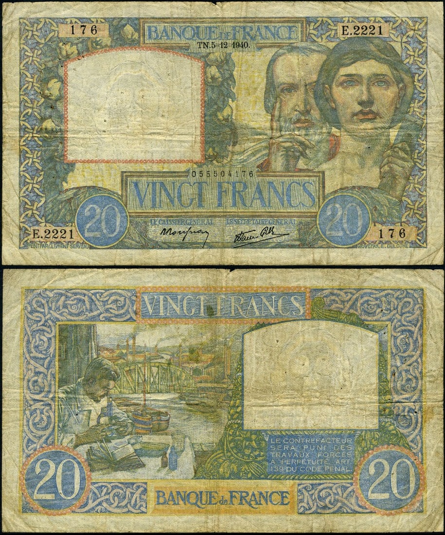 1940 France 20 FR. 92b World Paper Money Circulated: 1940 France 20 FR. 92b World Paper Money Circulated This 1940 World Paper Money from France features a denomination of 20 and is graded as Fine. It is a circulated note that showcases the historical s