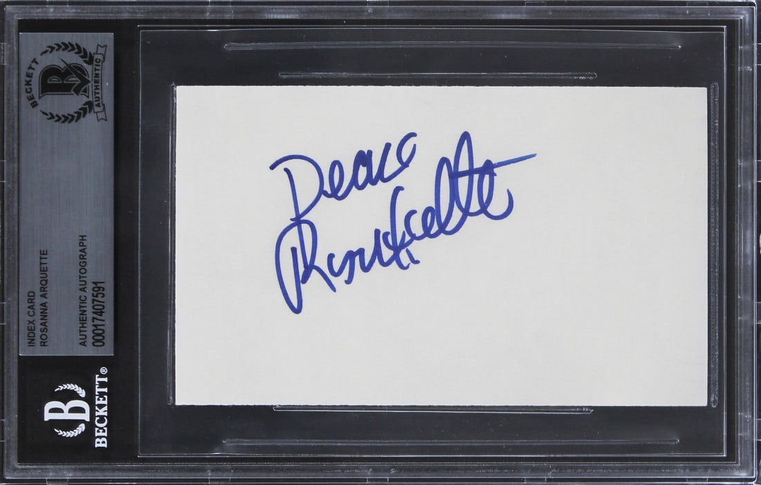 Rosanna Arquette Signed 3x5 Index Card with Peace Inscription BAS Slabbed: Rosanna Arquette Signed 3x5 Index Card with Peace Inscription BAS Slabbed This authentic signed 3x5 index card features an inscription of "Peace" and is personally signed by Rosanna Arquette from the 