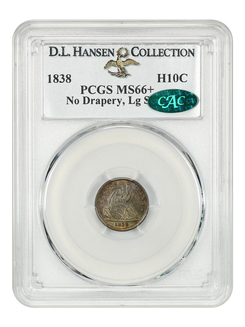 1838 Liberty Seated Half Dime H10C PCGS MS66+ CAC Approved: 1838 Liberty Seated Half Dime H10C PCGS MS66+ CAC Approved This stunning 1838 Liberty Seated Half Dime (H10C) showcases a remarkable MS66+ grade from PCGS, indicating its uncirculated condition. The c