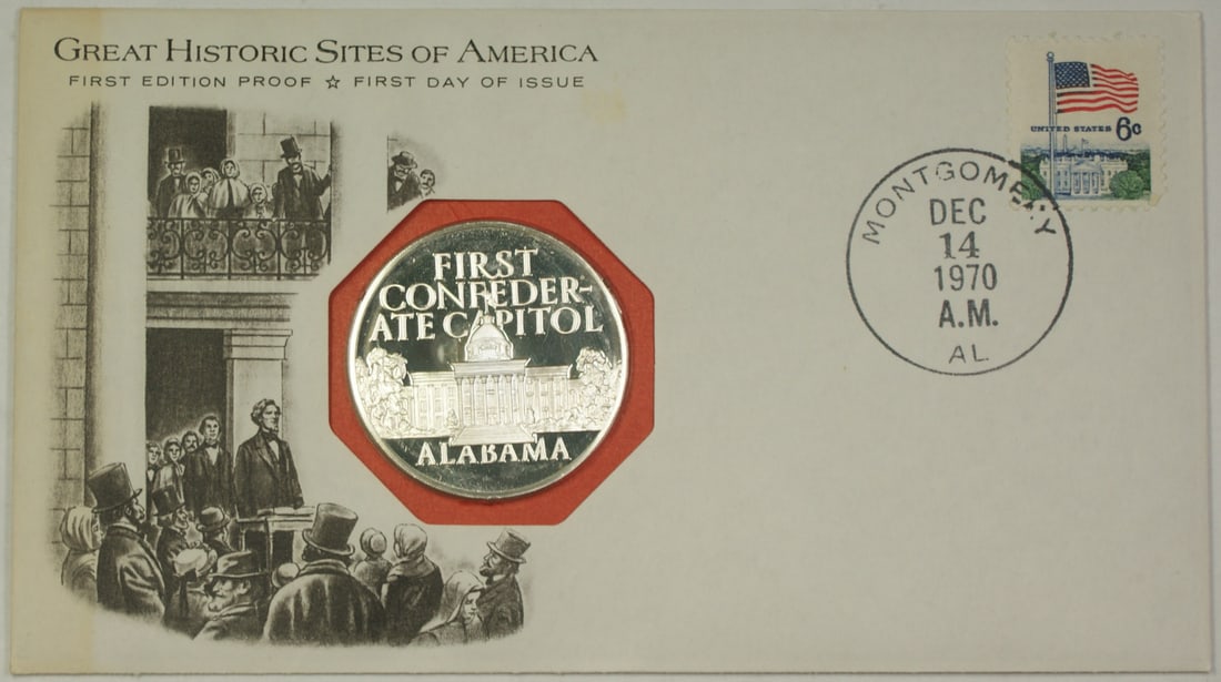 1970 Proof Sterling Silver Montgomery Historic Sites Medal First Day Cover: 1970 Proof Sterling Silver Montgomery Historic Sites Medal First Day Cover This 1970 Montgomery Alabama Great Historic Sites medal is a proof strike crafted in sterling silver with a fineness of 0.925