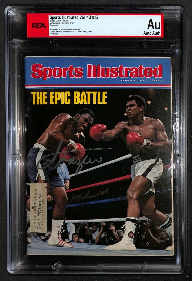 1975 Sports Illustrated Boxing Magazine Signed by Ali and Frazier PSA BA209459: 1975 Sports Illustrated Boxing Magazine Signed by Ali and Frazier PSA BA209459 This is an original 1975 Sports Illustrated magazine featuring Muhammad Ali and Joe Frazier. The magazine is signed and c