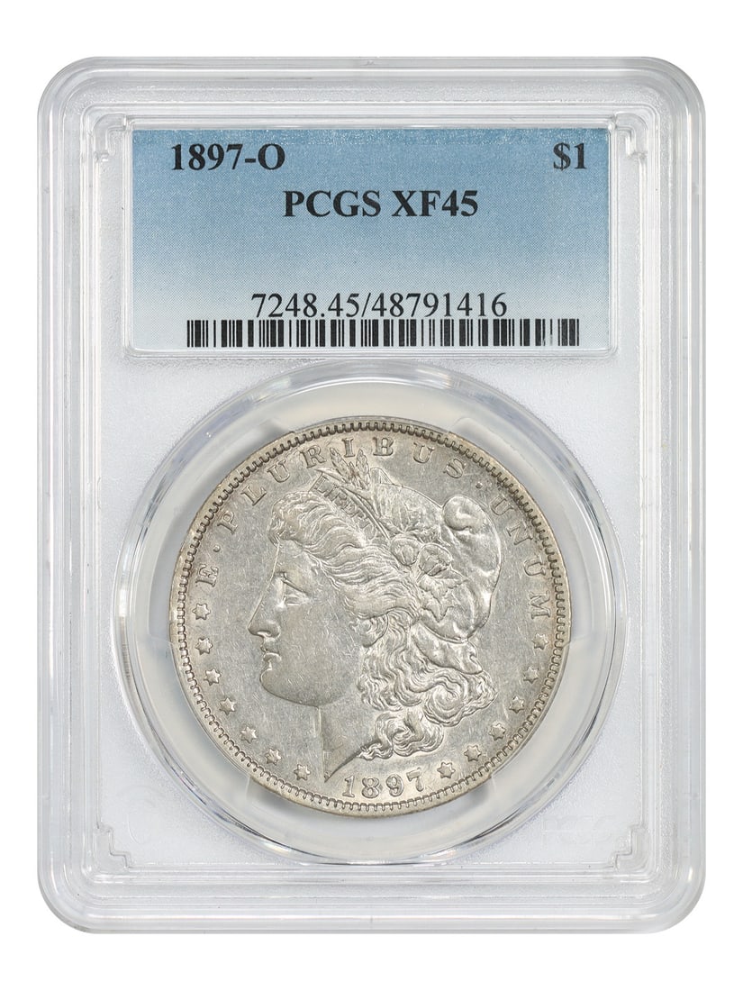 PCGS XF45 1897-O Morgan Silver Dollar New Orleans Mint: PCGS XF45 1897-O Morgan Silver Dollar New Orleans Mint This is an 1897-O Morgan Dollar graded XF45 by PCGS. Minted in New Orleans, this circulated $1 coin is part of the Morgan Dollar series and is re