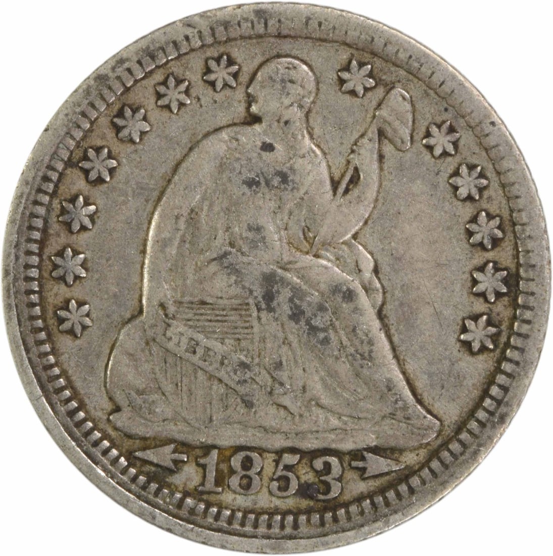 1853 Liberty Seated Half Dime Silver Uncertified EF: 1853 Liberty Seated Half Dime Silver Uncertified EF This 1853 Liberty Seated Silver Half Dime features exquisite craftsmanship by designer Christian Gobrecht. Struck in Philadelphia, this coin is circ