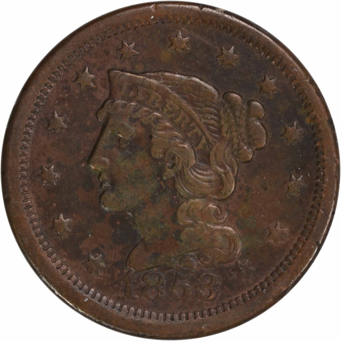 1853 Braided Hair Large Cent EF Copper Coin: 1853 Braided Hair Large Cent EF Copper Coin This 1853 Large Cent is a beautifully circulated coin featuring the Braided Hair design by Christian Gobrecht. Minted in Philadelphia, this coin is classifi